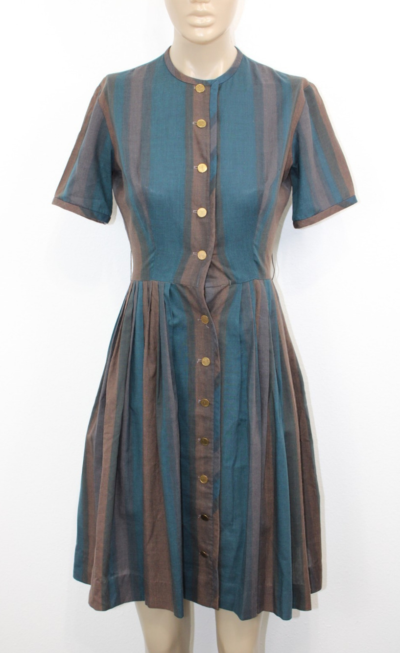Vintage 50s 60s Fit & Flair Dress XS Button Front Pleated